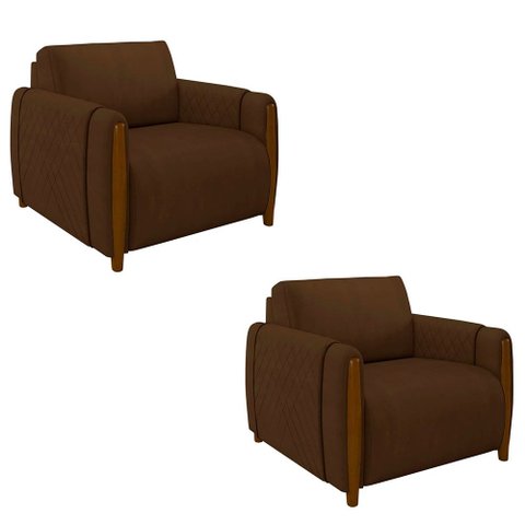Kit 2 Poltronas Decorativas Pés Madeira Maceió Veludo Marrom - Gran Belo