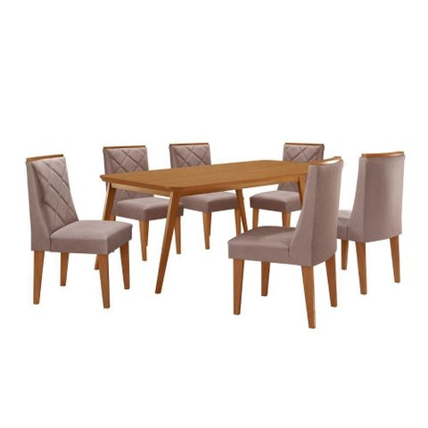 Mesa de Jantar Copper 180cm Tampo com 6 Cadeiras Moderna Linho Capuccino//