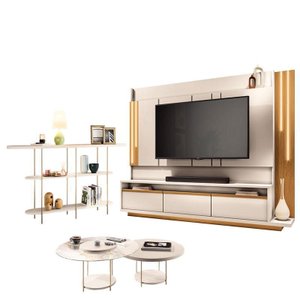 Estante Home Theater Montane Off White Cinamomo e Aparador Infinity e Kit Mesa de Centro Sky Off Whi