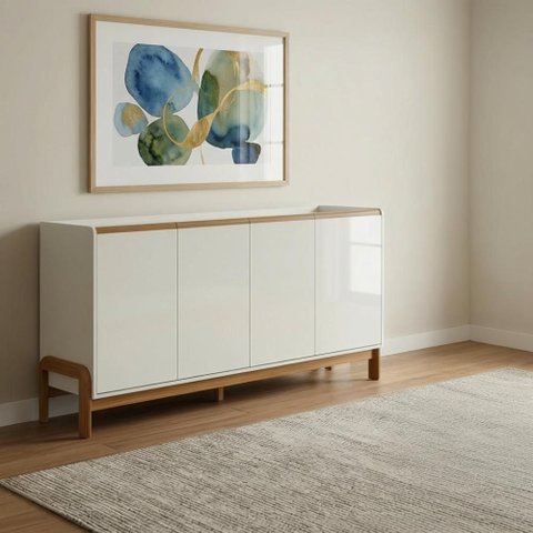 Aparador Buffet 4 Portas Pés em Madeira Maciça Off White