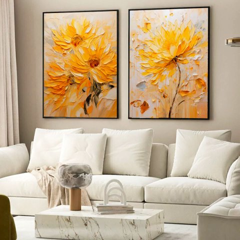 Kit Quadro Decorativo 2 Telas Flores de Primavera TaColado Moldura Caixa 3cm Madeira com Vidro 40 x 