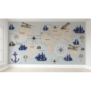 Papel de parede infantil mapa mundi barcos caravelas M² PP26
