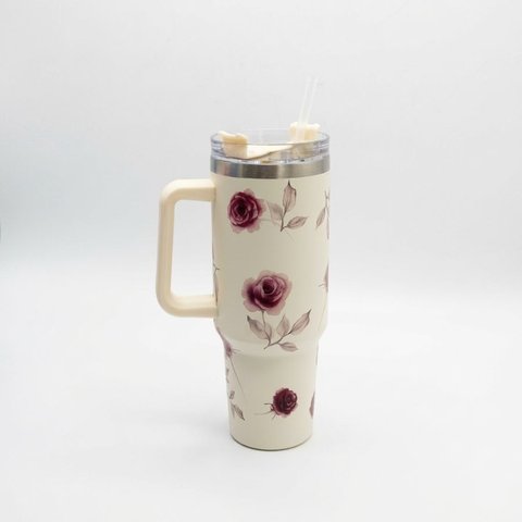 Copo Térmico Ms-931 1200ml com Estampas Florais - Aço Inox com Tampa Emborrachada:Floral Branco