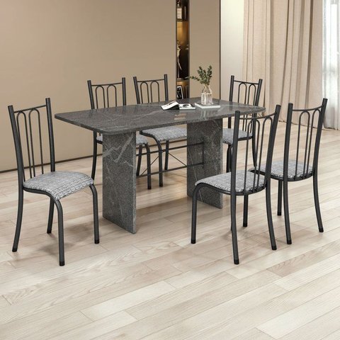 Conjunto Sala de Jantar 6 Cadeiras Tampo de Granito 140x75cm Madri Martelado Prata/Hatan