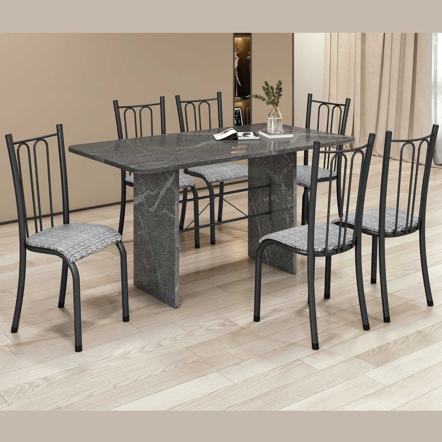 Conjunto Sala de Jantar 6 Cadeiras Mesa 140x75cm Tampo Granito ...