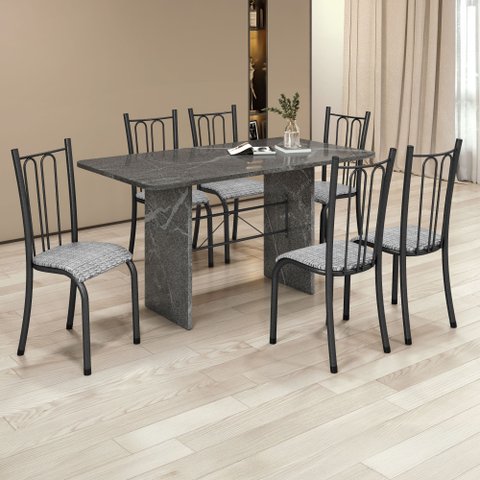 Conjunto Sala de Jantar 6 Cadeiras Tampo de Granito 140x75cm Madri Martelado Prata/Hatan
