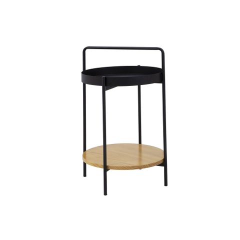 Mesinha Lateral Aura Redonda Apoio Bandeja Metal Madeira Preto