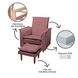Poltrona Amamentação e Puff Bela Veludo Rosê Espuma D26 Tana Decor - 5