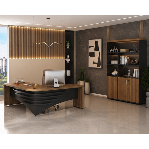Conjunto Escritório Artany: Mesa e Estante c/ LED