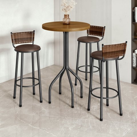 Conjunto Bistrô Mesa Redonda com 3 Banquetas Madeira Maciça e Aço Bete Prata/Marrom