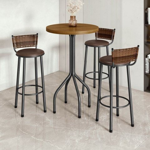 Conjunto Bistrô Mesa Redonda com 3 Banquetas Madeira Maciça e Aço Bete Prata/Marrom