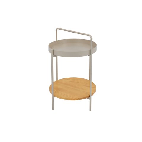 Mesinha Lateral Aura Redonda Apoio Bandeja Metal Madeira Bege