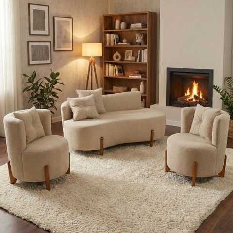 Conjunto 2 Poltronas + Sofá Curvo Orgânico Luna Boucle Bege - Montanaris Decor