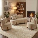 Ver imagem 1 de Conjunto 2 Poltronas + Sofá Curvo Orgânico Luna Boucle Bege - Montanaris Decor