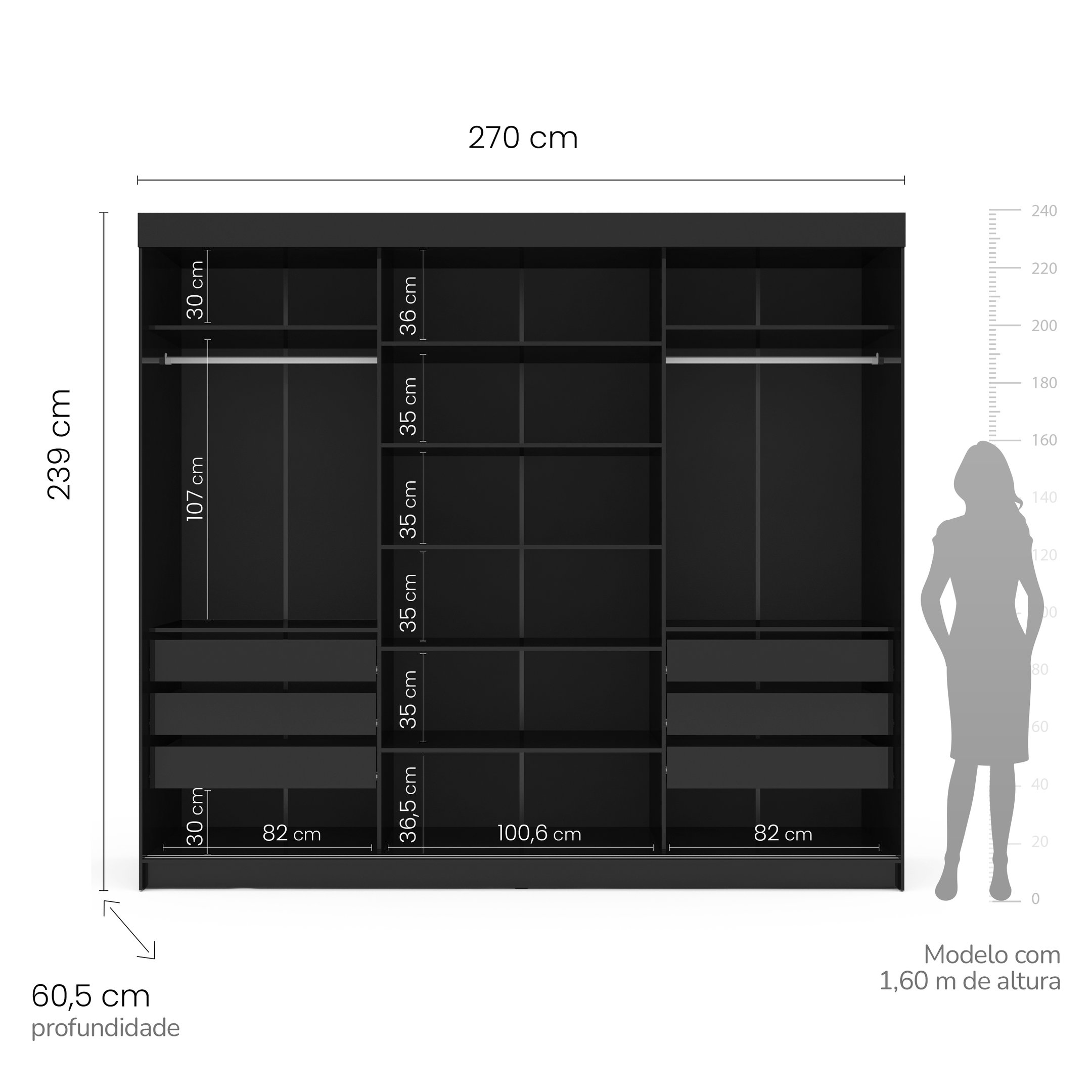 Guarda-roupa Casal 3 Portas 1 Porta Espelho 6 Gavetas Grajaú Yescasa - 3