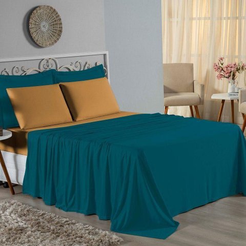 Jogo de Cama Casal Viúva Nobre 4 Peças Malha 100% Algodão - Petróleo / Cobre
