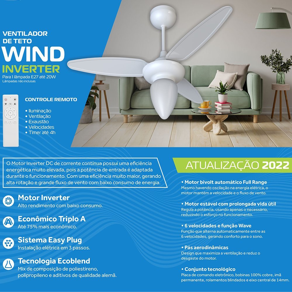 Ventilador de Teto Inverter Wind Branco com Controle Remoto Bivolt E-27 Ventisol - 4
