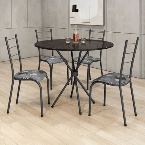 Conjunto Sala de Jantar Tubular 4 Lugares Redonda Mesa 70cm Tampo Ardósia Kelly