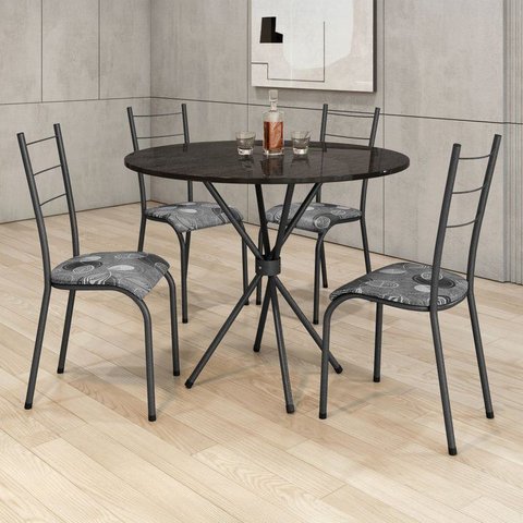 Conjunto Sala de Jantar Mesa Redonda com 4 Cadeiras Ardósia e Aço Kelly Prata Martelado/Patativa