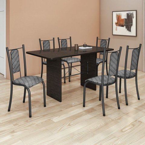 Conjunto Sala de Jantar 6 Cadeiras Tampo de Ardósia 140x75cm Isabela Martelado Prata/Onda