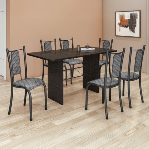 Conjunto Sala de Jantar 6 Cadeiras Tampo de Ardósia 140x75cm Isabela Martelado Prata/Onda
