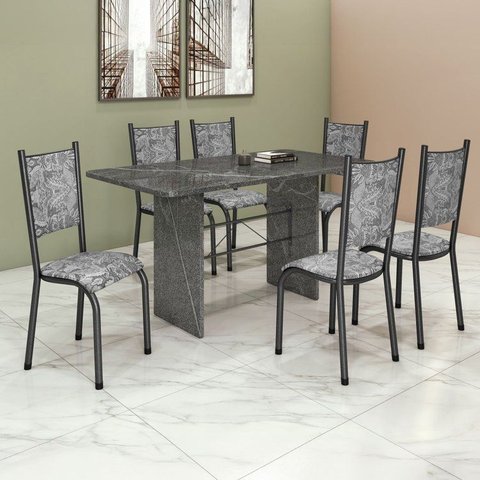Conjunto Sala de Jantar 6 Cadeiras Tampo de Granito 140x75cm Bianca Prata Martelado Prata/Renda