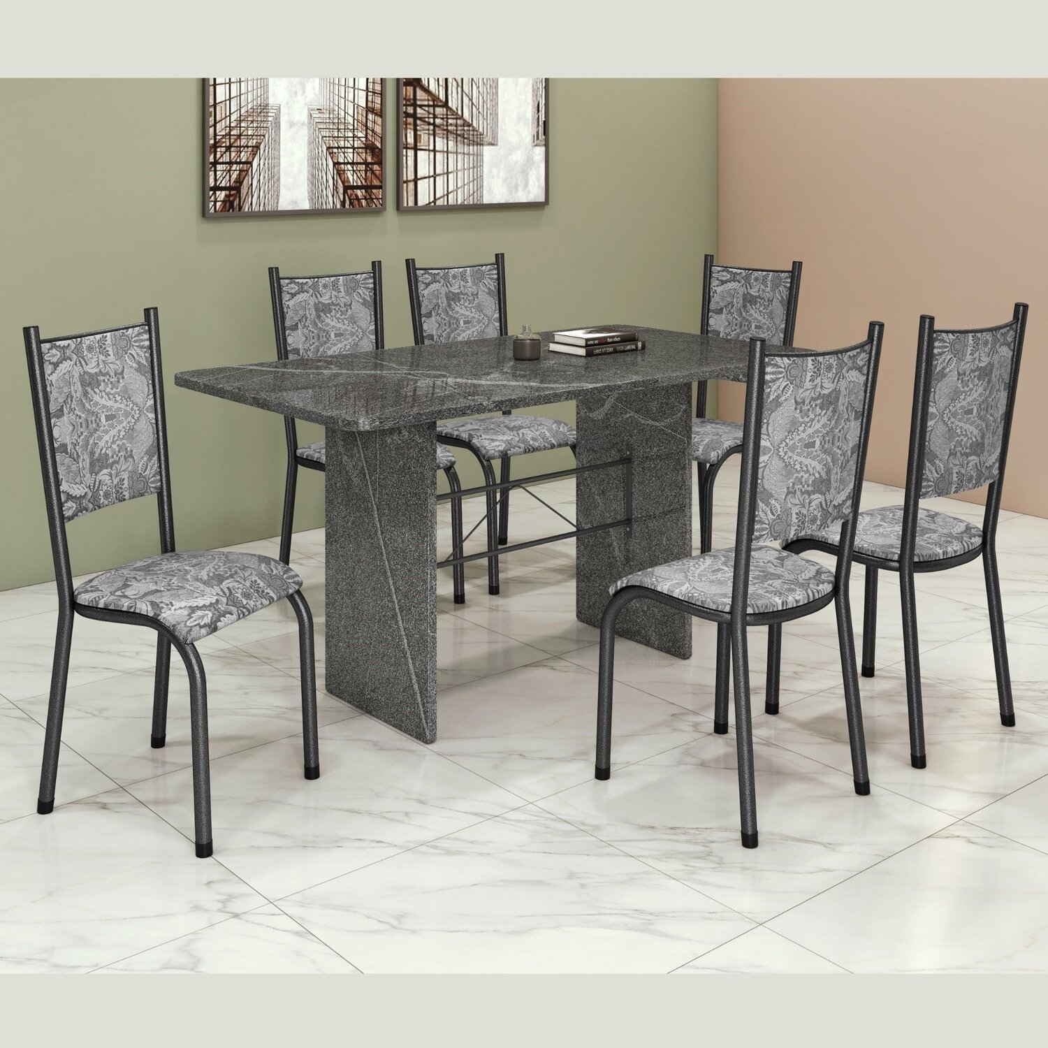 Conjunto Sala de Jantar 6 Cadeiras Mesa 140x75cm Tampo Granito Topázio Bianca