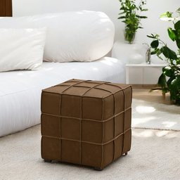 Kit 2 Puffs Decorativos Augusto 43cm Sala de Estar Couro Marrom Claro Manchado G88 - Gran Belo - 2