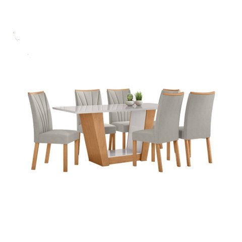 Conjunto Sala de Jantar Mesa Apogeu 170 Tampo Vidro Off White com 6 Cadeiras Apogeu - Lopas Amendoa 