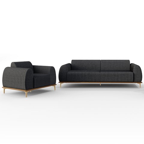 Kit Sofá 3 Lugares 180cm com Poltrona Molino Pés D'ouro D02 Linho Cinza Escuro C-416 - Lyam Decor
