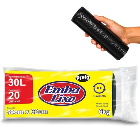 Saco para Lixo Preto Reciclado Resistente Reforçado 30 Litros 59cm x 62cm Pacote com 20 Unidades | e