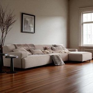 Sofá de Canto com Chaise, Revestimento em Linho Sintético Bege - Enz007