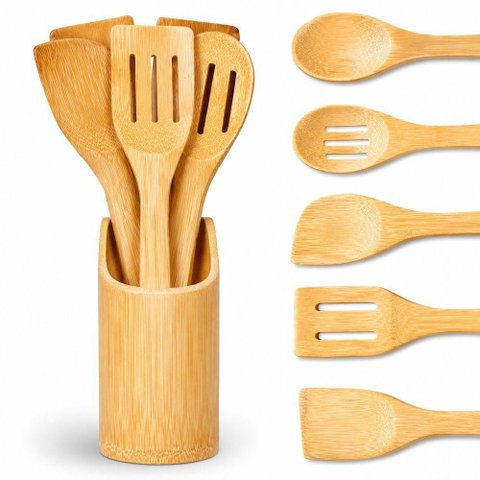 Conjunto Utensilios Cozinha Bambu com Suporte 6 Pecas Leves Resistentes Uso Diario Aquilae