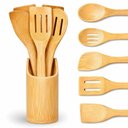 Ver imagem 1 de Conjunto Utensilios Cozinha Bambu com Suporte 6 Pecas Leves Resistentes Uso Diario Aquilae