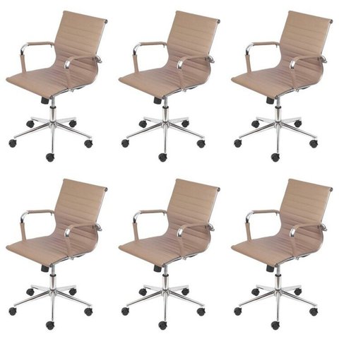 Kit 6 Cadeiras Escritório Diretor Esteirinha Rodízio Relax Corino 3301 Marrom/Caramelo