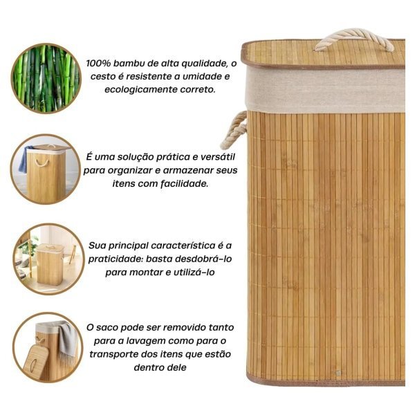 Cesto Bambu Forrado Organizador Banheiro Lavanderia - 2