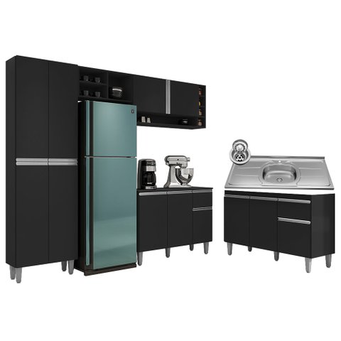 Cozinha Compacta Vanessa e Balcão Gabinete Com Pia Tatiane 120cm Preto - AJL Móveis
