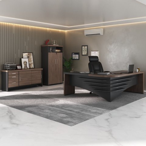 Conjunto 3 Peças com Mesa Diretor em L de Tamburato, Balcão com Gavetas e Prateleiras e Armário Multiuso Marrom/Charuto/Preto Artany