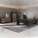 Ver imagem 1 de Conjunto 3 Peças com Mesa Diretor em L de Tamburato, Balcão com Gavetas e Prateleiras e Armário Multiuso Marrom/Charuto/Preto Artany