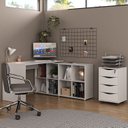 Ver imagem 1 de Conjunto 2 Peças com Escrivaninha em L e Gaveteiro Bit Organizador com Chave 4 Gavetas 8 Nichos 135C 100% MDF