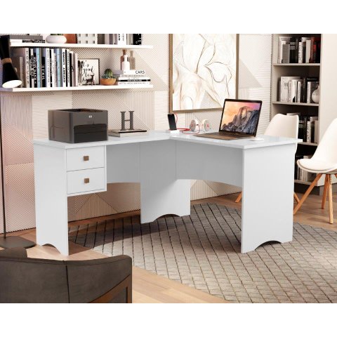 Escrivaninha Mesa de Computador em L de Canto Parise 2 Gavetas Tampo 18mm Cor Branca