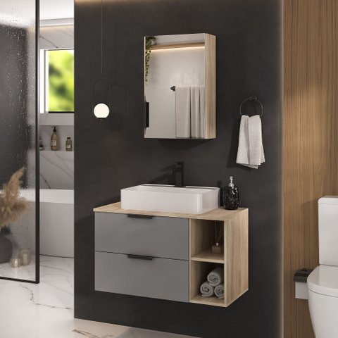 Gabinete Banheiro Volcano 80cm (armário + Cuba + Espelheira + Tampo Vidro) Madeirado / Cinza