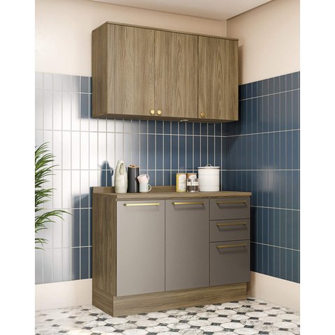 Armário de Cozinha Modulada Completa Reta 3 Peças 1,20m 248 Botanic Kappesberg - Nogueira/fendi
