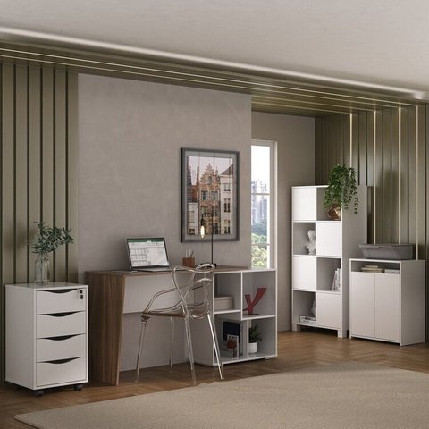 Conjunto 4 Peças com Escrivaninha Moderna, Gaveteiro Bit, Armário com Nichos e Balcão Multiuso 2 Portas Ipê Branco Artany