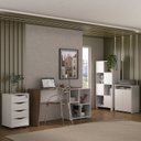 Ver imagem 1 de Conjunto 4 Peças com Escrivaninha Moderna, Gaveteiro Bit, Armário com Nichos e Balcão Multiuso 2 Portas Ipê Branco Artany