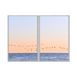 Kit 02 Quadros Decorativos - Lindos Passaros Mar Ceu Alaranjado Flnt061 - Tela Canvas - 60x80cm