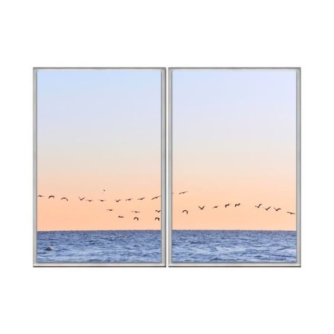 Kit 02 Quadros Decorativos - Lindos Passaros Mar Ceu Alaranjado Flnt061 - Tela Canvas - 60x80cm