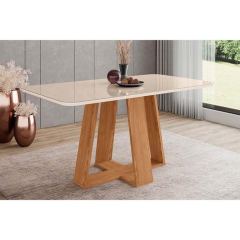 Mesa P/ Cozinha Lins Sc92 C/ Tampo Madeirado C/ Vidro Curvo 160x90cm Nature/off White - Henn