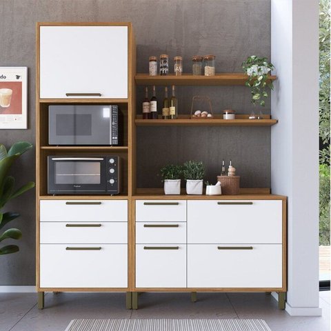 Cozinha Compacta Modulada 100% MDF 2 Peças 4 Portas Torre Quente e Tampo 194cm Vicenza Espresso Móveis Branco/Amêndoa