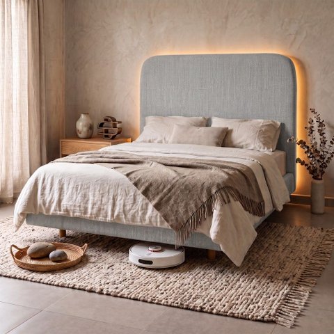 Cama Box Base Casal com Cabeceira Zaya 138x188 Flutuante Estilo Japonesa Linho Cinza - Desk Design